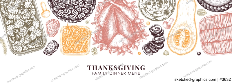 Thanksgiving food banner design in color. With roasted turkey, cooked vegetables, rolled meat, baking cakes and pies sketches. Vintage autumn food template. Vector Thanksgiving day background.