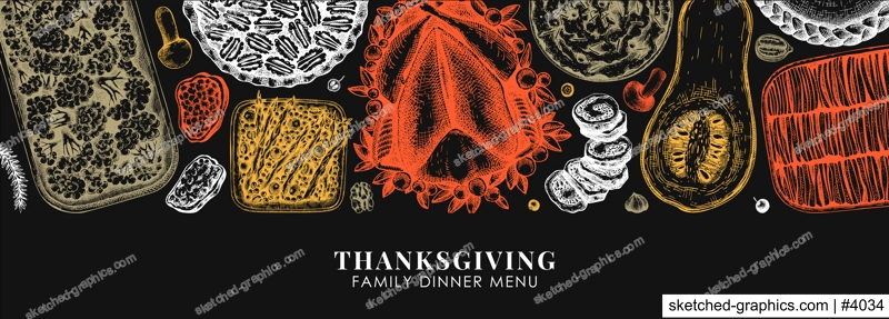 Thanksgiving food banner design in color. With roasted turkey, cooked vegetables, rolled meat, baking cakes and pies sketches. Vintage autumn food template. Vector Thanksgiving day background.