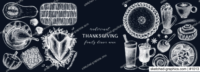 Thanksgiving food and drinks drawings on chalkboard. Vintage turkey, vegetables, pies, and hot drinks sketches. Vector autumn food template. Thanksgiving background in engraved style