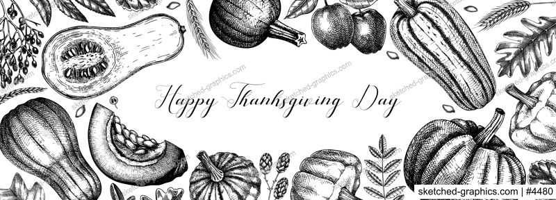 Thanksgiving background. Pumpkins black and white sketches.  Autumn plants and fruit drawings. Vector vegetables, butternut squash, marrow, pumpkin sketches. Fall banner design. Harvest festival.