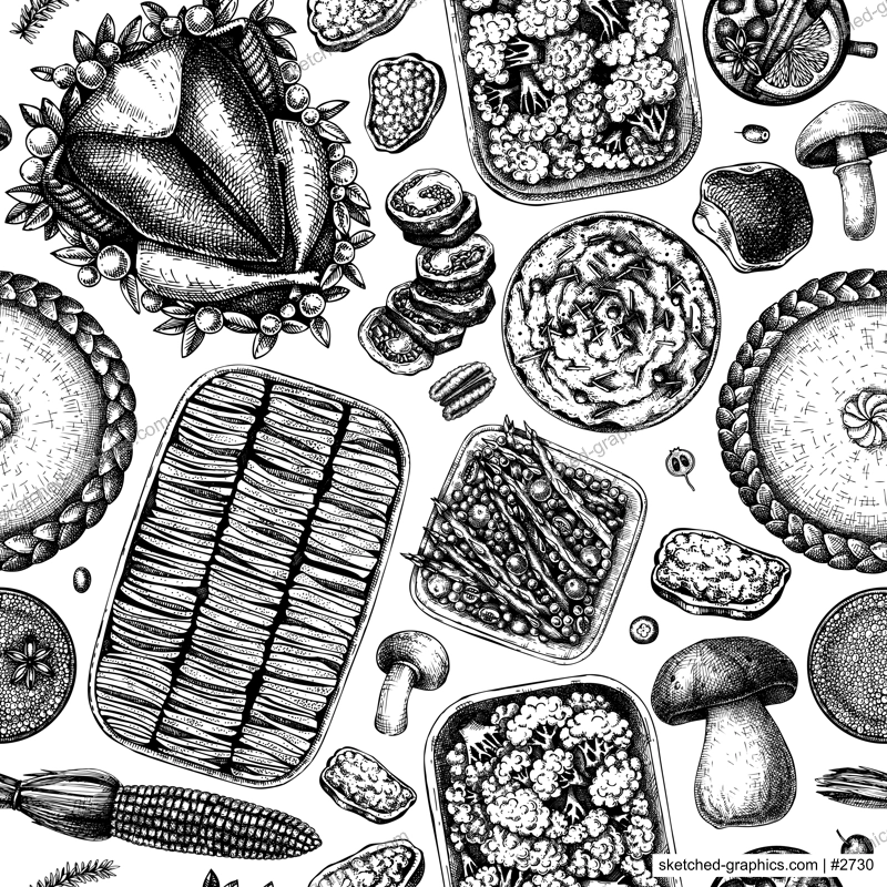 Thanksgiving day table seamless pattern. Roasted turkey, gratin, cooked vegetables, cakes and pies sketches. Traditional Thanksgiving day food. Family dinner background. Vintage backdrop