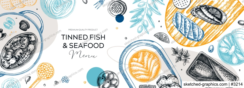 Tinned fish board artistic design. Hand drawn seafood background in collage style. Canned fish and shellfish sketches. Sardines, caviar, mackerel, tuna, mussels, olives, lemons vector banner template