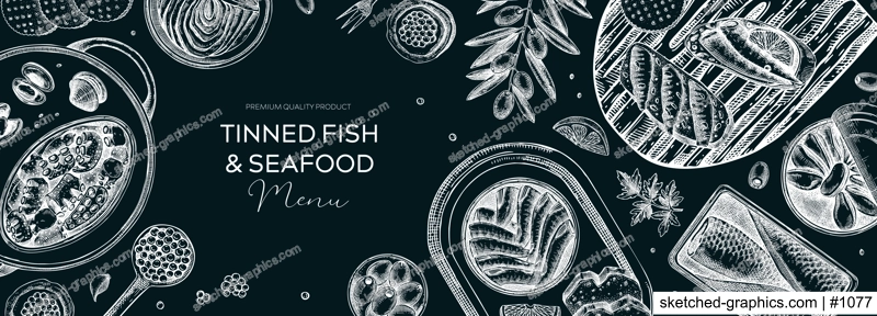 Tinned fish board design. Hand drawn seafood background in sketch style. Canned fish and shellfish isolated on chalkboard. Sardines, caviar, mackerel, tuna, mussels, olives, lemons banner template