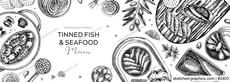 Tinned fish board design. Hand drawn seafood background in sketch style. Canned fish and shellfish isolated white. Sardines, caviar, mackerel, tuna, mussels, olives, lemons vector banner template