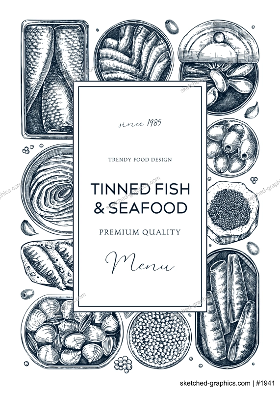 Tinned fish board frame design. Seafood background with hand-drawn sardines, anchovy, mackerel, tuna, mussels in tin cans, fish canape drawings. Healthy food banner with tinned fish sketches.