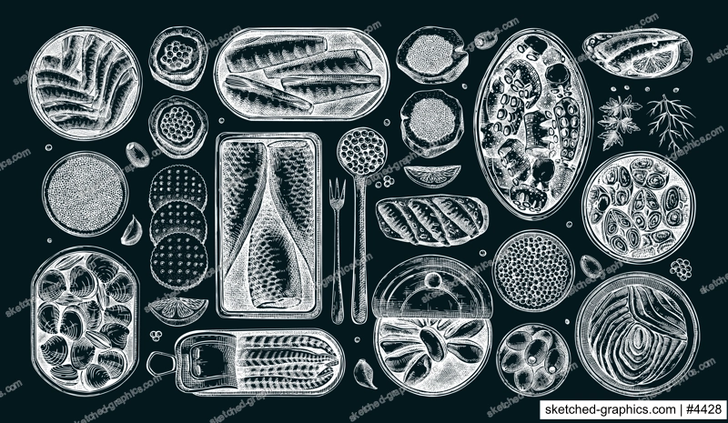 Seafood illustrations on chalkboard. Hand-drawn tinned fish sketches collection. Sardines, anchovy, mackerel, tuna, mussels in tin cans, fish canapes, olives, crackers drawings. Menu design