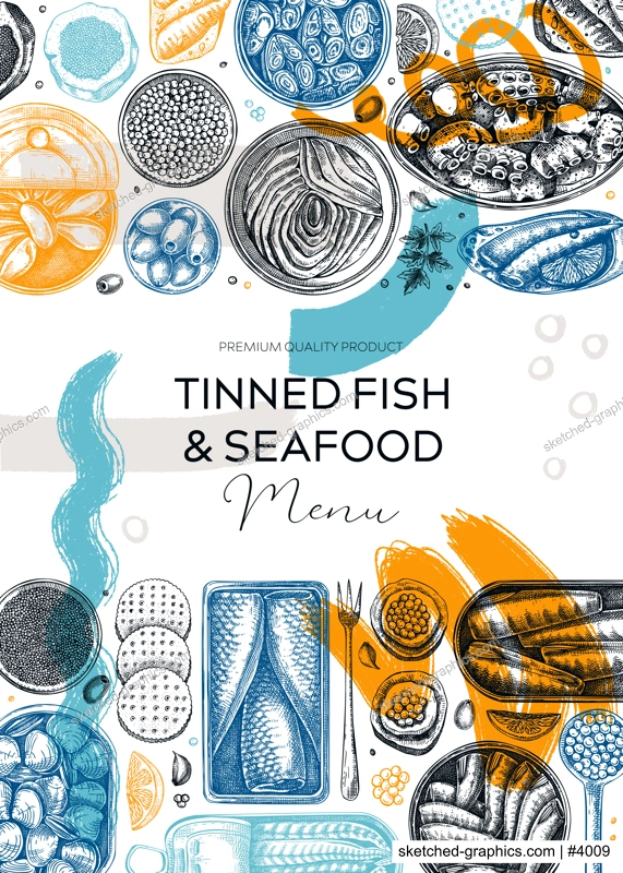 Collage-style tinned fish card or flyer trendy design. Seafood background with hand-drawn sardines, anchovy, mackerel, tuna, mussels in tin cans sketches. Canned fish frame with abstract shapes