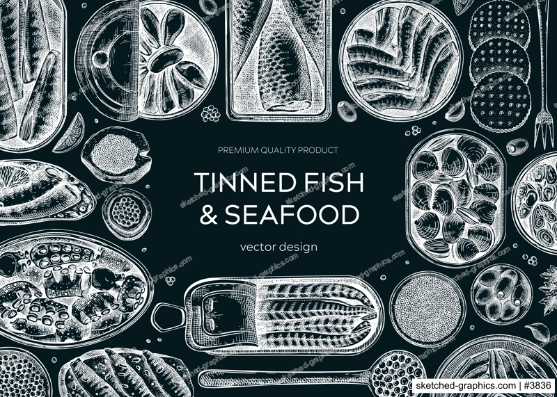 Tinned fish frame design on chalkboard. Seafood background with hand-drawn sardines, anchovy, mackerel, tuna, mussels in tin cans, fish canapes drawings. Finger food party banner. Canned fish sketch