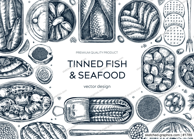 Tinned fish frame design. Seafood background with hand-drawn sardines, anchovy, mackerel, tuna, mussels in tin cans, fish canapes, olives, lemons drawings. Finger food party banner. Tinned fish sketch