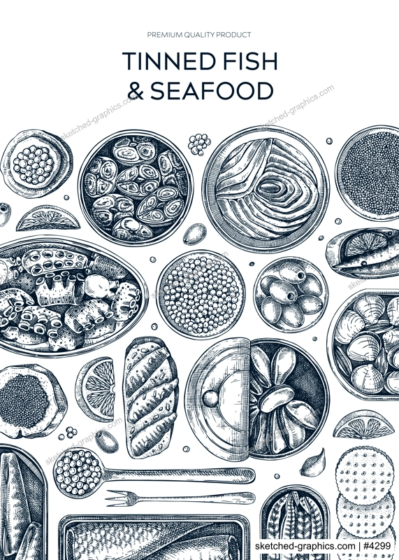 Canned labei frame design. Seafood background with hand-drawn sardines, anchovy, mackerel, tuna, mussels in tin cans, fish canapes  drawings. Healthy food vintage banner. Tinned fish sketch