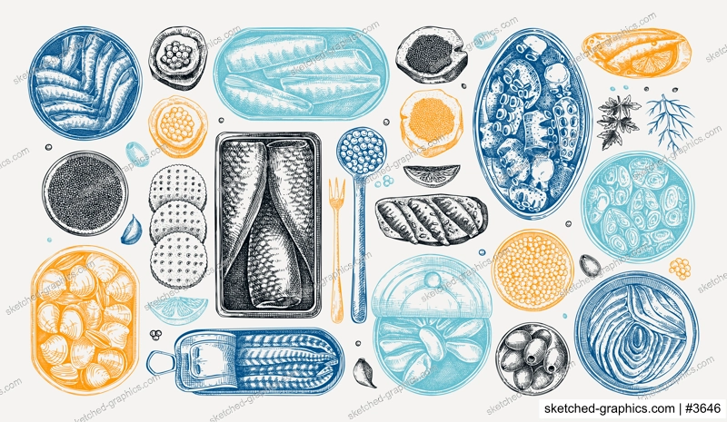 Seafood drawings in color. Hand-drawn tinned fish sketches. Sardines, anchovy, mackerel, tuna, mussels in tin cans, fish canapes, olives, crackers collection. Food vector illustration set