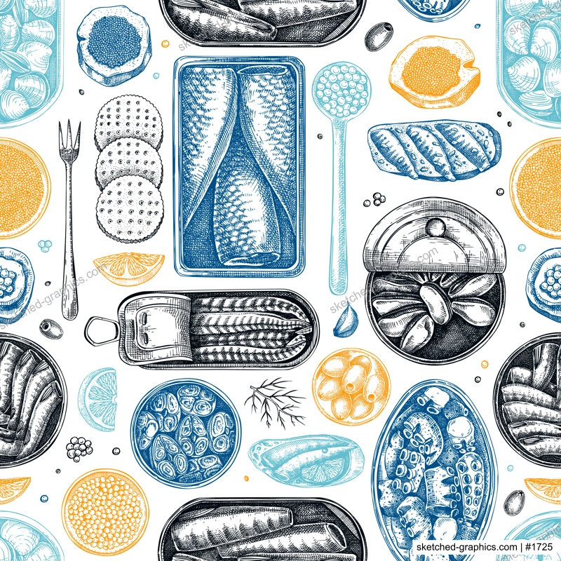 Hand-drawn tinned fish seamless pattern. Seafood background in color. Sardines, anchovy, mackerel, tuna, mussels in tin cans, fish canapes, olives, crackers sketches. For packaging, print, textile