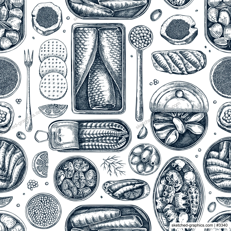 Seafood background. Hand-drawn tinned fish seamless pattern. Sardines, anchovy, mackerel, tuna, mussels in tin cans, fish canapes, olives, crackers sketches. For packaging, print, textile