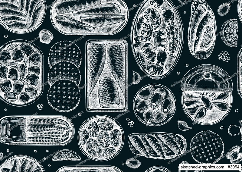 Seafood background on chalkboard. Hand-drawn tinned fish seamless pattern. Sardines, anchovy, mackerel, tuna, mussels in tin cans, fish canapes, olives, crackers sketches. For packaging or textile