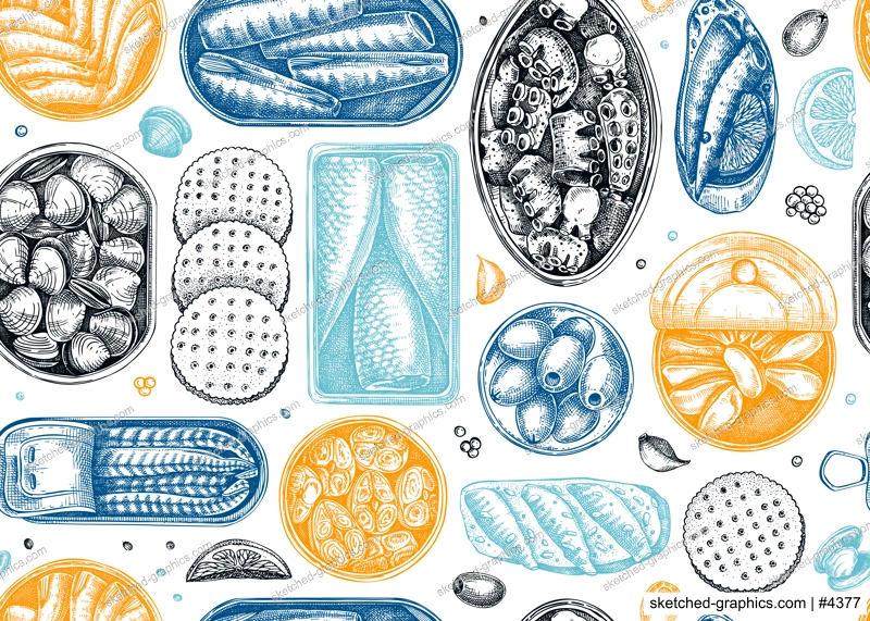Seafood background in color. Hand-drawn tinned fish seamless pattern. Sardines, anchovy, mackerel, tuna, mussels in tin cans, fish canapes, olives, crackers sketches. For packaging, print, textile