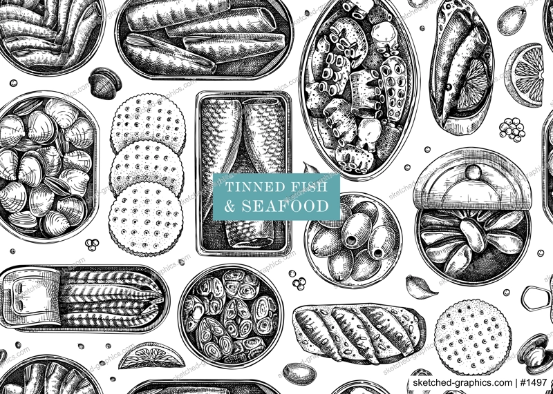 Seafood background. Hand-drawn tinned fish seamless pattern. Sardines, anchovy, mackerel, tuna, mussels in tin cans, fish canapes, olives, crackers vector sketches. For packaging, print, textile