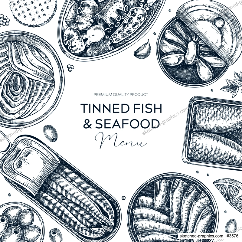 Tinned fish table design. Hand-drawn seafood restaurant frame in sketch style. Canned fish and shellfish isolated on white. Vintage sardines, mackerel, tuna, mussels vector food illustration