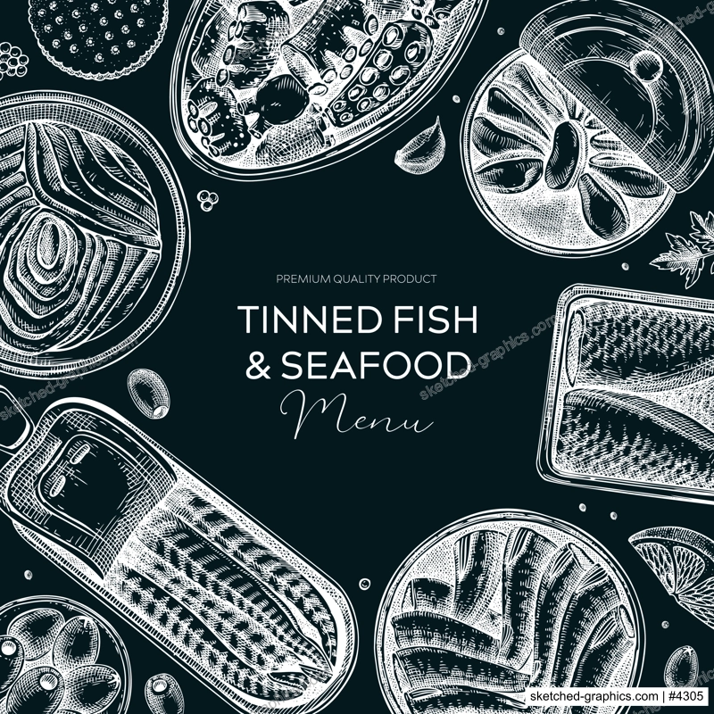 Tinned fish table design. Hand-drawn seafood restaurant frame in sketch style. Canned fish and shellfish on a chalkboard. Vintage sardines, caviar, mackerel, tuna, mussels vector food illustration