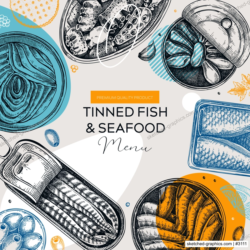 Collage-style tinned fish table design. Hand-drawn seafood restaurant menu. Canned fish and shellfish vector frame. Vintage sardines, caviar, mackerel, tuna, mussels vector food illustration