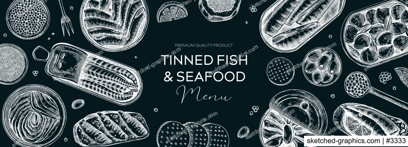 Tinned fish table design. Hand drawn seafood restaurant design in sketch style. Canned fish and shellfish on chalkboard. Vintage sardines, caviar, mackerel, tuna, mussels vector food illustrations