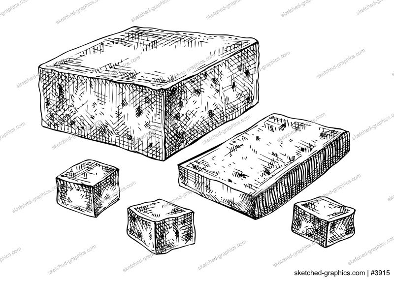 Tofu drawings set. Hand-sketched vegan food illustration. Asian food ingredients. Tofu sketch for packaging, menu, recipe, product design. Japan cuisine meal in vintage style
