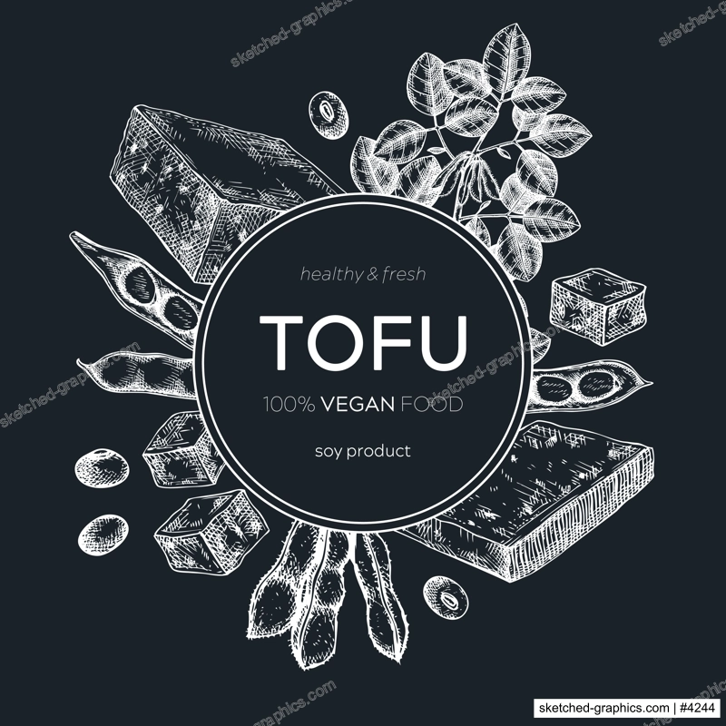 Tofu wreath design on chalkboard. Sketched vegan vector food background. Traditional Asian food ingredients. Tofu frame for packaging, menu, recipe, and product design