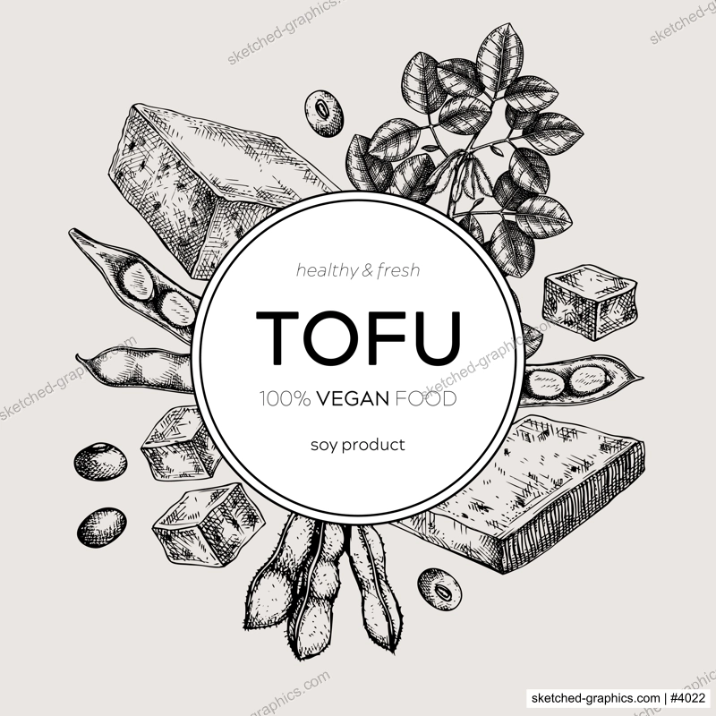 Tofu wreath design in vintage style. Sketched vegan food illustration. Traditional Asian food ingredients. Tofu frame for packaging, menu, recipe, and product. Vector food design.