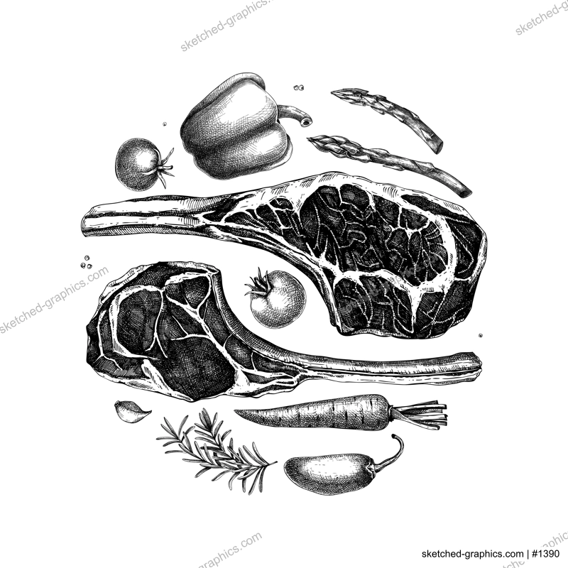 Healthy food vector illustration. Meat and vegetables hand drawn design. Tomahawk steak plate vector sketches.  NOT AI generated