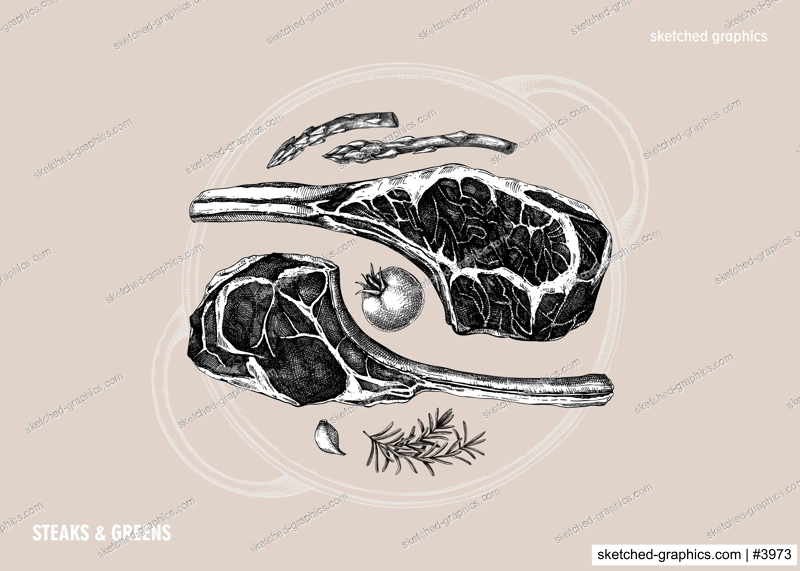 Healthy food background. Meat and vegetables hand drawn design. Tomahawk steak plate vector sketches. Vector food illustration. NOT AI generated