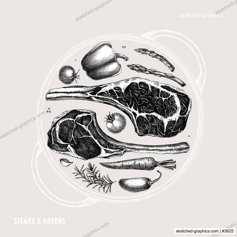 Vintage-style healthy food vector illustration. Meat and vegetables hand drawn design. Tomahawk steak plate vector sketches. NOT AI generated