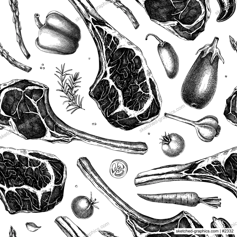 Healthy food background. Meat and vegetable seamless pattern. Tomahawk steak vector sketches. Hand drawn food illustration. NOT AI generated