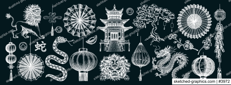 Traditional China chalk drawing set. Chinese New Year decoration. Hand-drawn vector illustrations. NOT AI generated