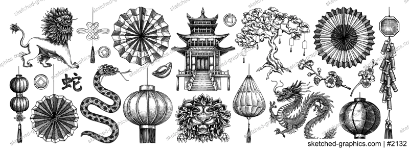 Traditional China sketches set. Chinese New Year decoration. Hand-drawn vector illustrations. NOT AI generated