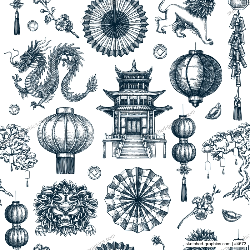 Traditional China seamless pattern. Chinese New Year dbackground. Hand-drawn vector illustrations. NOT AI generated