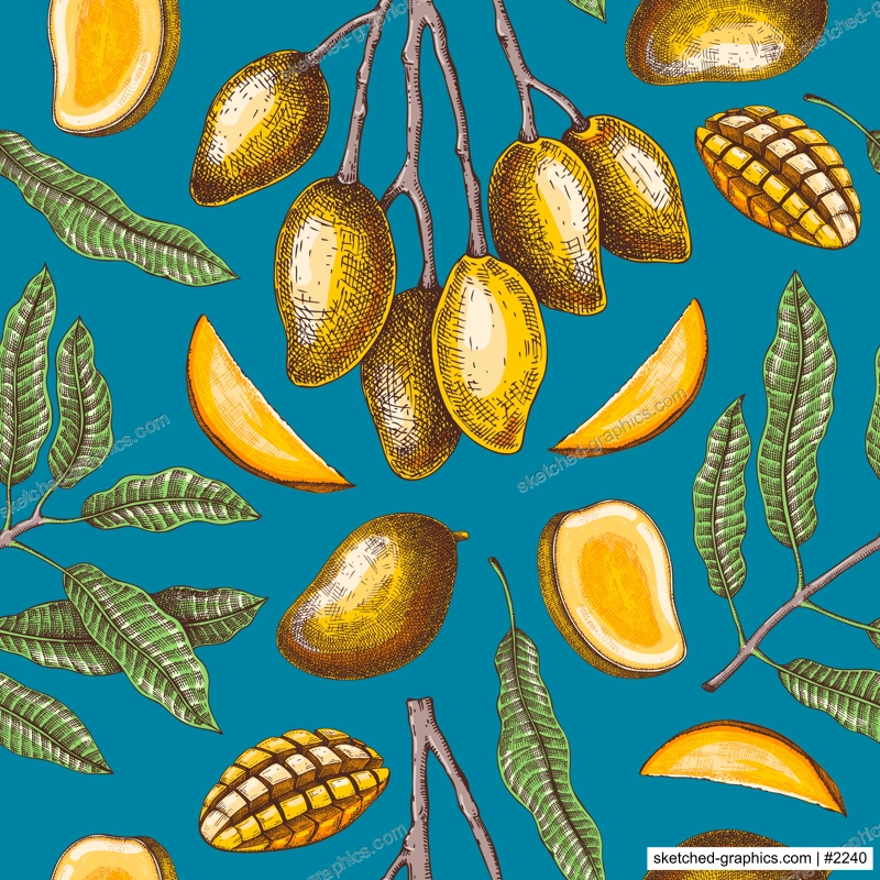 Tropical fruit seamless pattern. Ripe mango sketch. Hand-drawn vector illustration. Exotic plant background. Collage style design. NOT AI generated