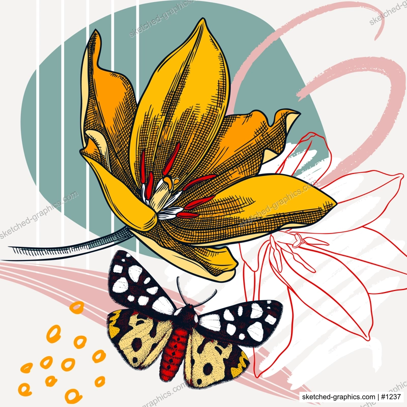 Collage style tulips vector illustration. Hand-sketched spring flower and butterfly. Trendy design with floral, geometric shapes, abstract elements. Perfect for print, poster, card, wall art, cards