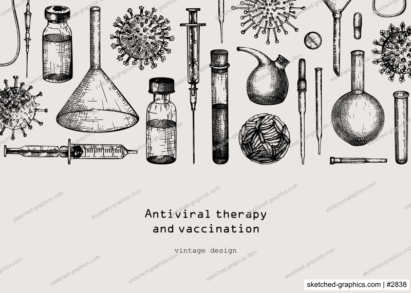 Antiviral therapy and vaccination backgroundt. Hand drawn vector illustrations. Vaccine in bottles, laboratory equipment, different virus sketches. Medical banner design template. Covid-19 drawing 