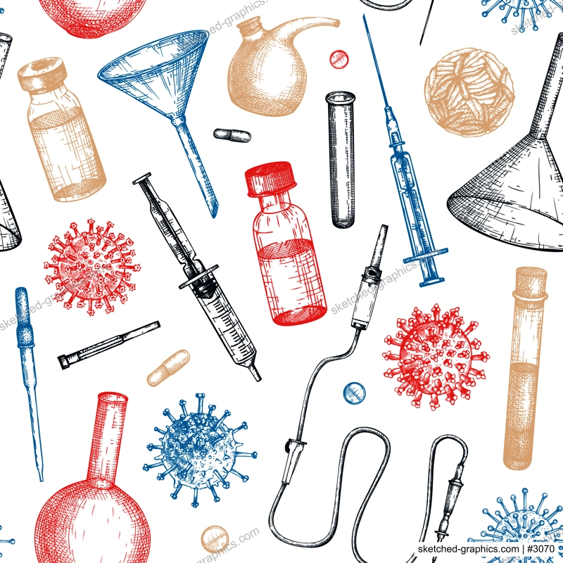Antiviral therapy and vaccination background. Hand drawn vector illustrations. Vaccine in bottles, laboratory equipment, different virus sketches. Medicine seamless pattern . Covid-19 drawing