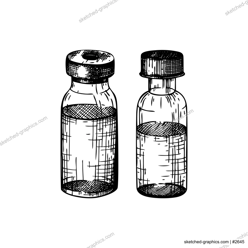 Hand sketched medical bottles with vaccine. Vaccine against different kinds of viruses. Covid-19 corona virus vaccination sketches. Glass bottles isolated on white background