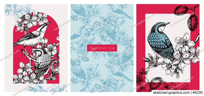 Valentine's day cards set. Collage style birds background. Hand-drawn vector illustration. Beautiful bird, blooming branch, almond, spring flower sketches. Trendy style love poster, print, wall art