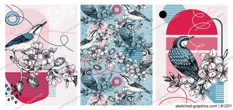 Valentine's day cards set. Collage style birds background. Hand-drawn vector illustration. Beautiful bird, blooming branch, almond, spring flower sketches. Trendy style love poster, print, wall art