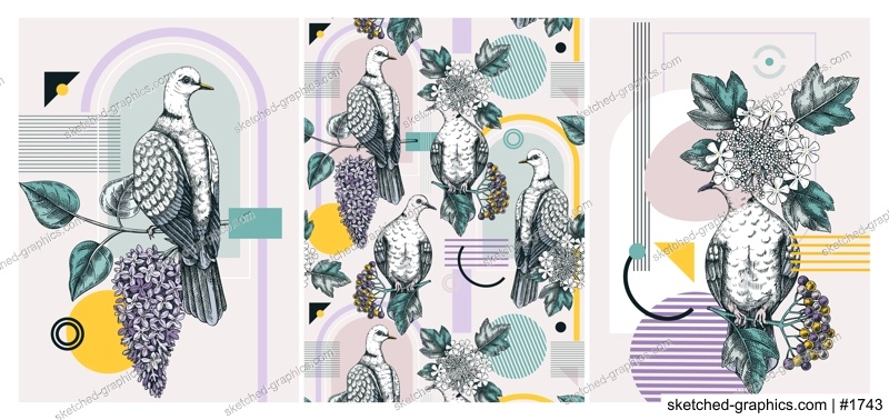 Valentine's day cards set. Collage style doves background. Hand-drawn vector illustration. Beautiful bird, blooming branch, spring flower sketches. Trendy style love poster, print, wall art
