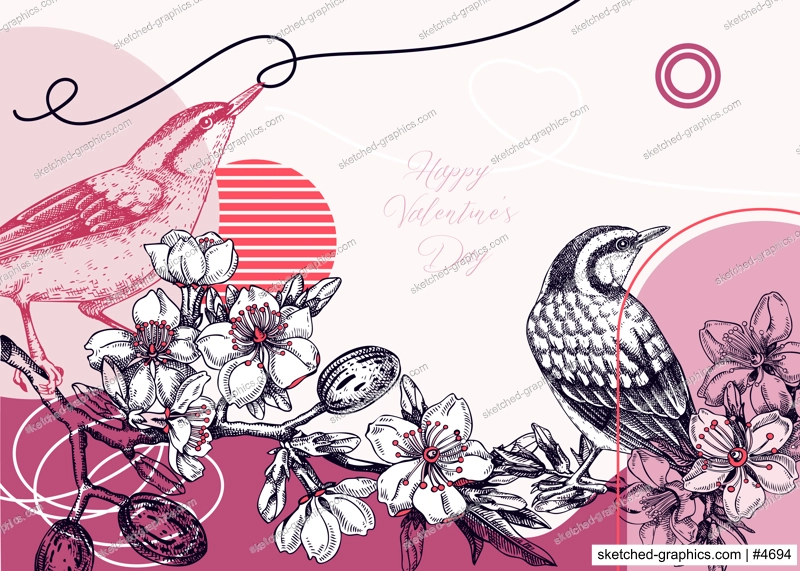 Valentine's day card. Collage style doves background. Hand-drawn vector illustration. Beautiful bird, blooming branch, spring flower sketches. Trendy style love frame, print, poster