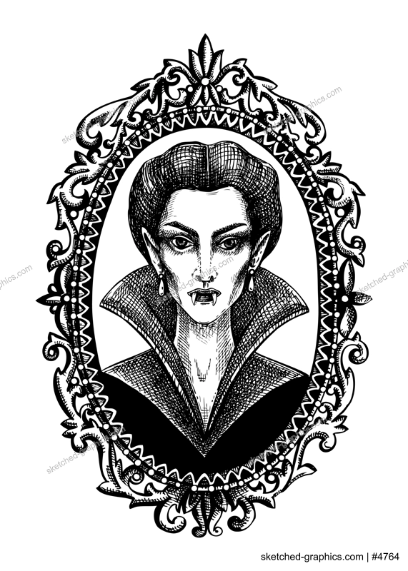Vampire lady hand drawn vector illustration. Gothic woman portrait in victorian frame. Halloween poster design. NOT AI generated