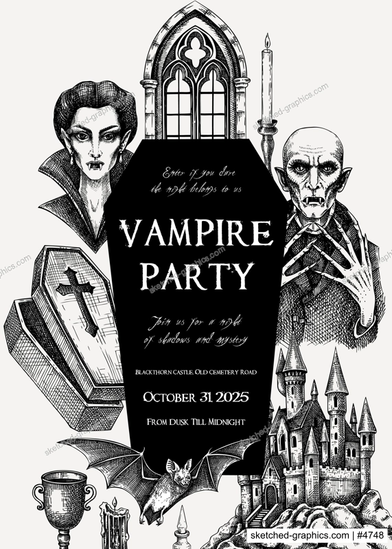 Vampire party invitation design. Halloween hand drawn vector illustration. Gothic flyer template, vinatge card print. NOT AI generated