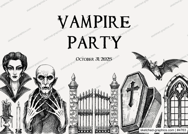 Vampire party invitation design. Halloween hand drawn vector illustration. Gothic background. NOT AI generated