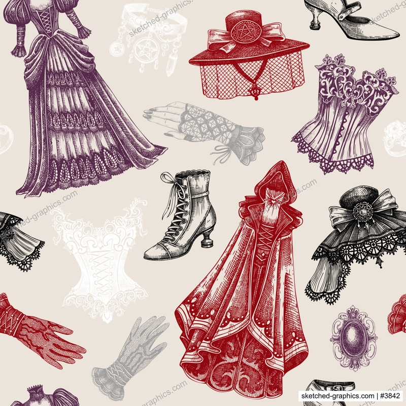 Gothic background. Hand-drawn fashion illustration. Victorian clothes designs. Halloween seamless pattern. Vampire woman vector. NOT AI generated