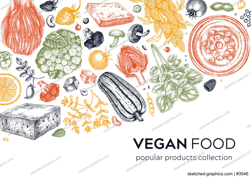 Vegan food background in color. Healthy food background. Middle eastern cuisine frame. Hand drawn vegan meals and ingredients for menu, recipe, packaging design. Vegetarian food illustration