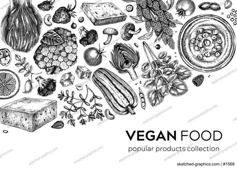 Vegan food background. Healthy food background. Middle eastern cuisine frame. Hand drawn vegan meals and ingredients for menu, recipe, packaging design. Vegetarian food illustration