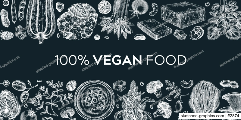 Vegan food banner on chalkboard. Healthy food background. Middle eastern cuisine frame. Hand drawn vegan meals and ingredients for menu, recipe, packaging design. Vegan food illustration